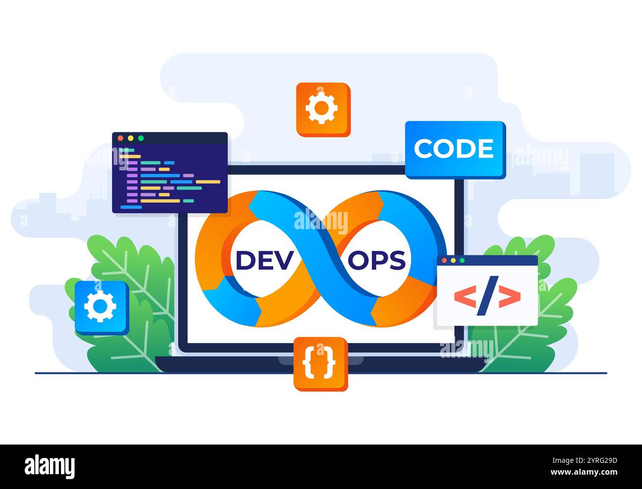 DevOps Konzept flache Illustration Vektorvorlage, Software-Entwicklung und IT-Betrieb, Zeichen der Unendlichkeit als Symbol Software Engineering, Technische s Stock Vektor