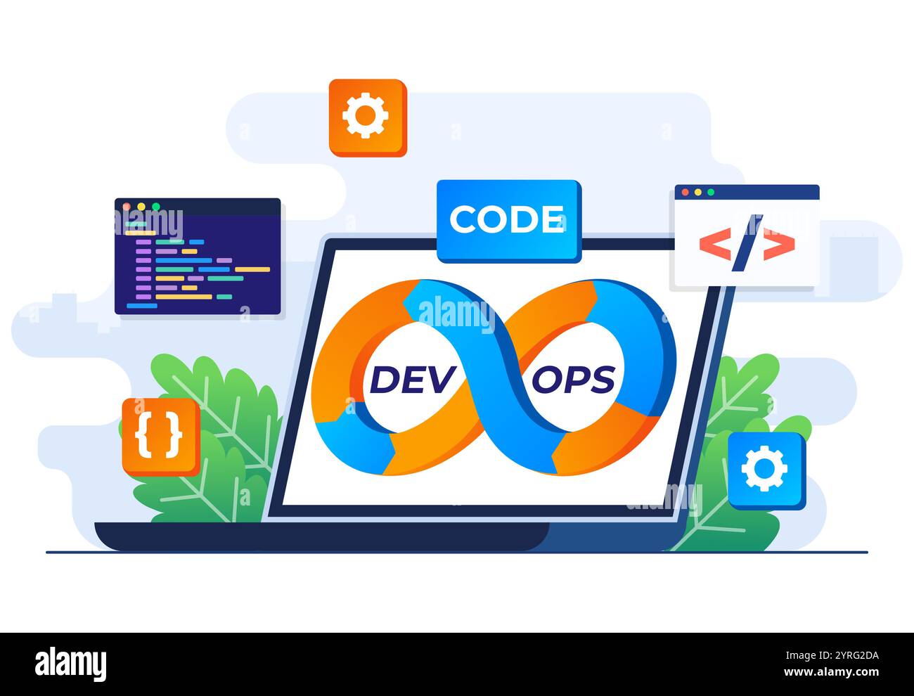 Illustration des DevOps-Konzepts mit flachem Vektor, Softwareentwicklung und IT-Betriebsprozess, technischer Support, DevOps-Methodik, Administrationsentwicklung Stock Vektor