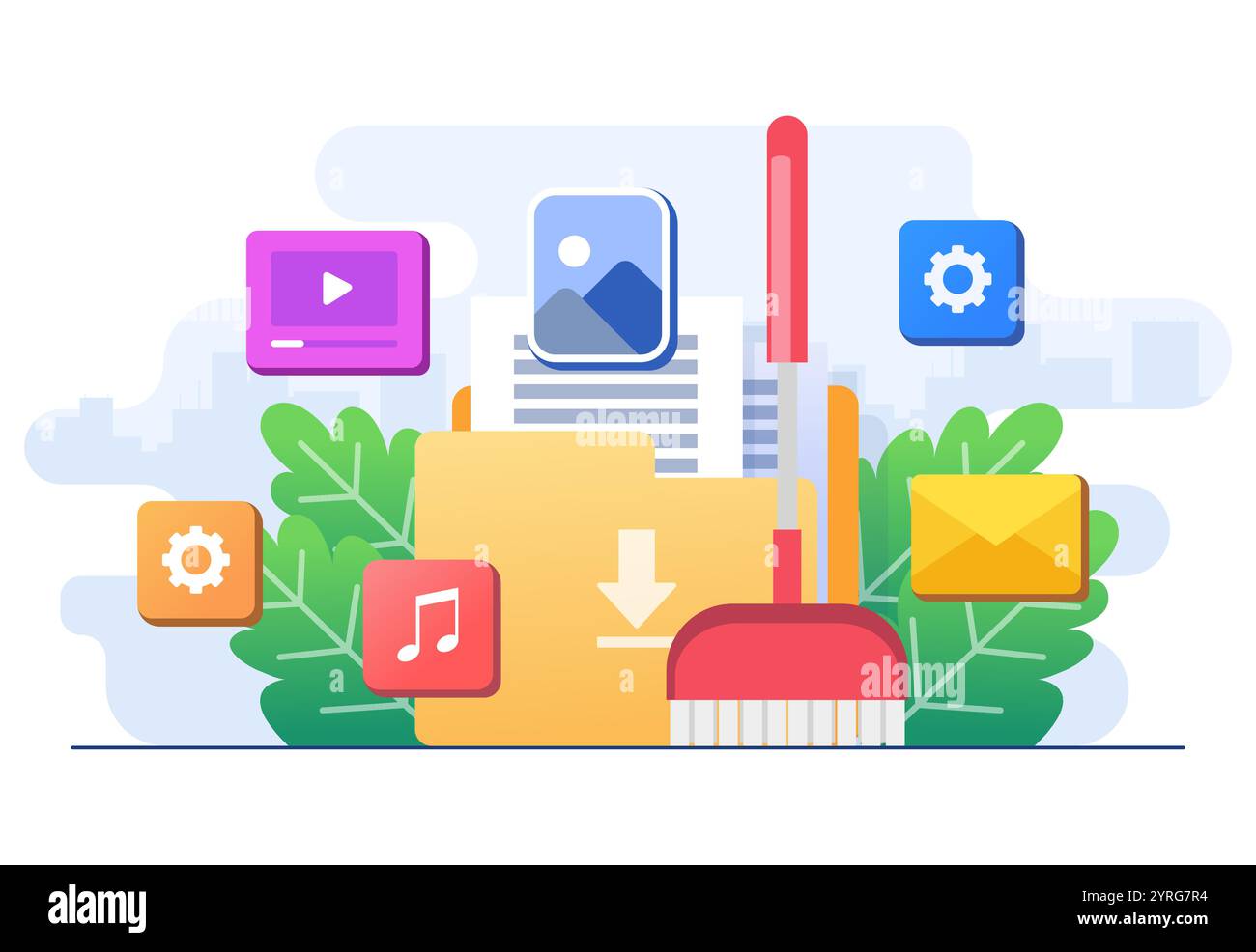 Data Clean Concept flache Illustrationsvektorvorlage, Löschen des Cache-Speichers, Herunterladen von History Cloud-Daten, Bereinigen des digitalen Speichers, Löschen von Dokumenten in tr Stock Vektor