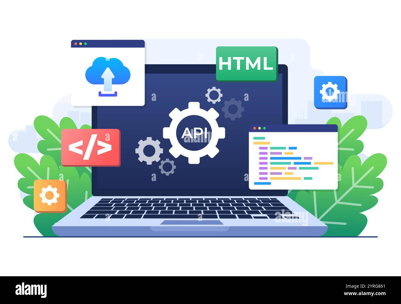 Application Programming Interface Concept, API bietet die Schnittstelle für die Kommunikation zwischen Anwendungen, Softwareentwicklungstool, Internet und Stock Vektor