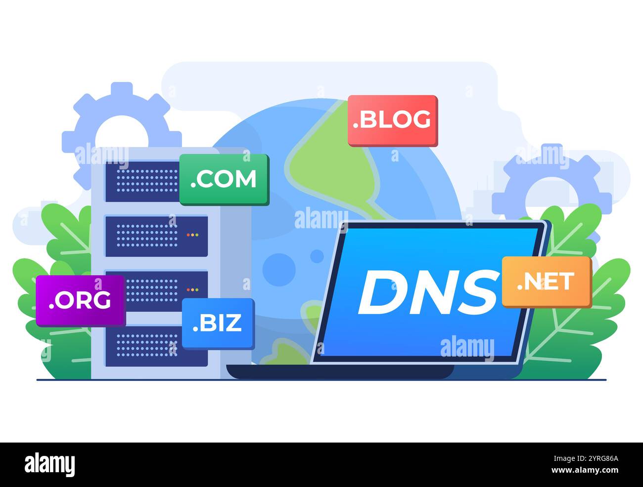 Domain Name System Konzept flache Illustration Vektorvorlage, DNS, Website-Domainname, Internet oder Cyberspace, Domain Registrierung Webseite, wählen, Stock Vektor