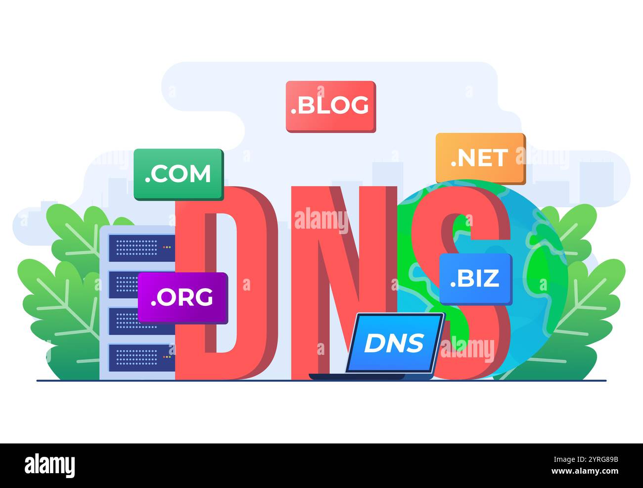 Domain Name System Konzept flache Illustration Vektorvorlage, DNS, Website-Domainname, Internet oder Cyberspace, Domain Registrierung Webseite, wählen, Stock Vektor