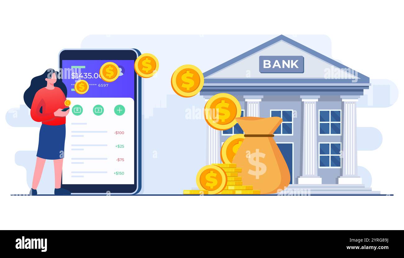 Menschen senden und empfangen Geld über die mobile Online-Banking-App, elektronische Geldbörse, mobile Banktransaktion, Secure Money Transfer Gateway Flat illust Stock Vektor