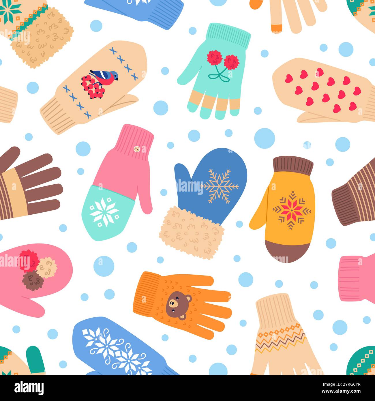 Niedliche Fäustlinge und Handschuhe nahtloses Muster. Warme Kleidung für Zeichentrickfilme, Strickaccessoires für den Winter, wiederholte Handbekleidung aus Wolle. Dekor aus Textil, Umhüllung Stock Vektor