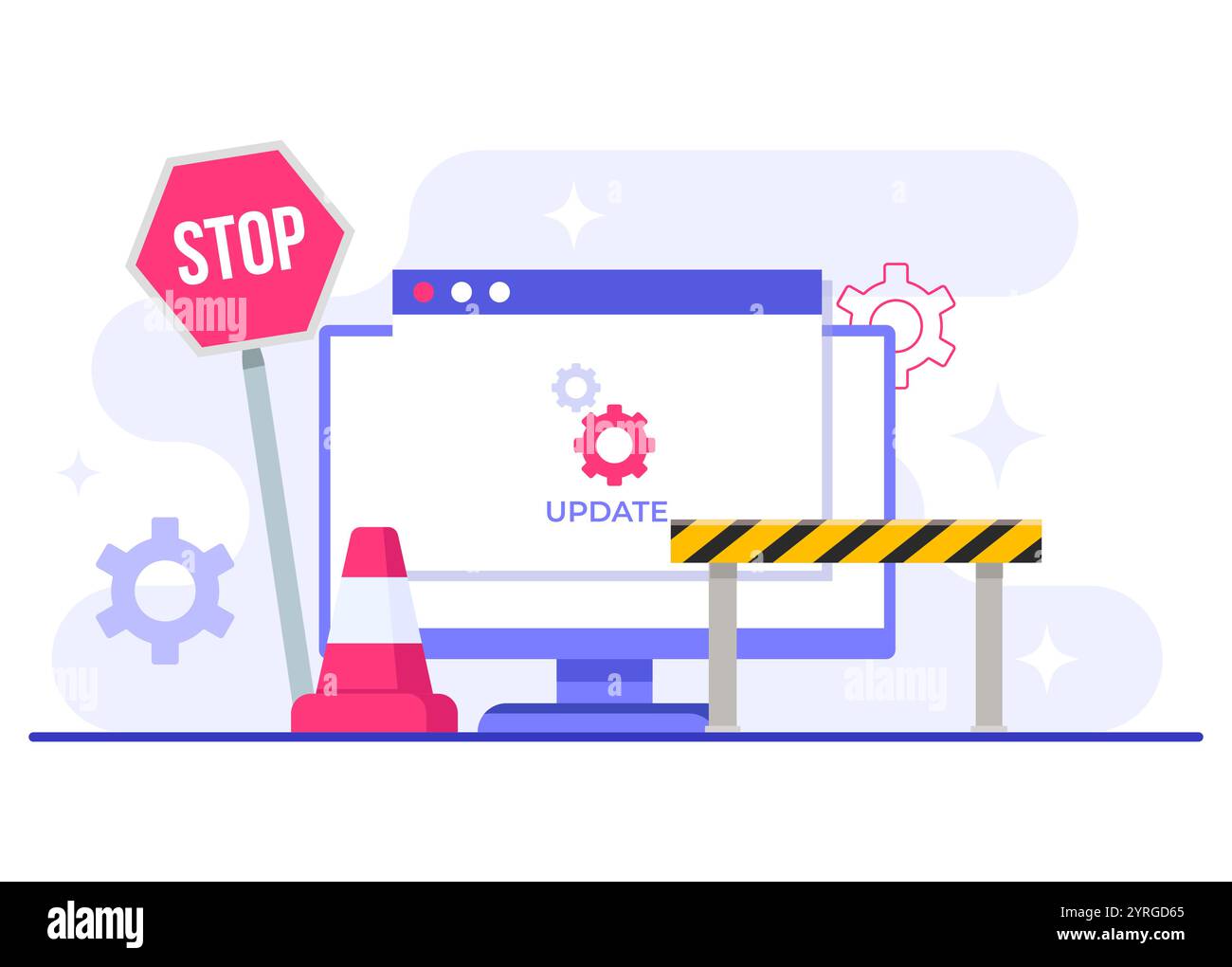 Computer mit Software-Update-Bildschirm, flache Vektorgrafik, Systemwartung, Aktualisierungsprozess, Software installieren, Betriebssystem Stock Vektor