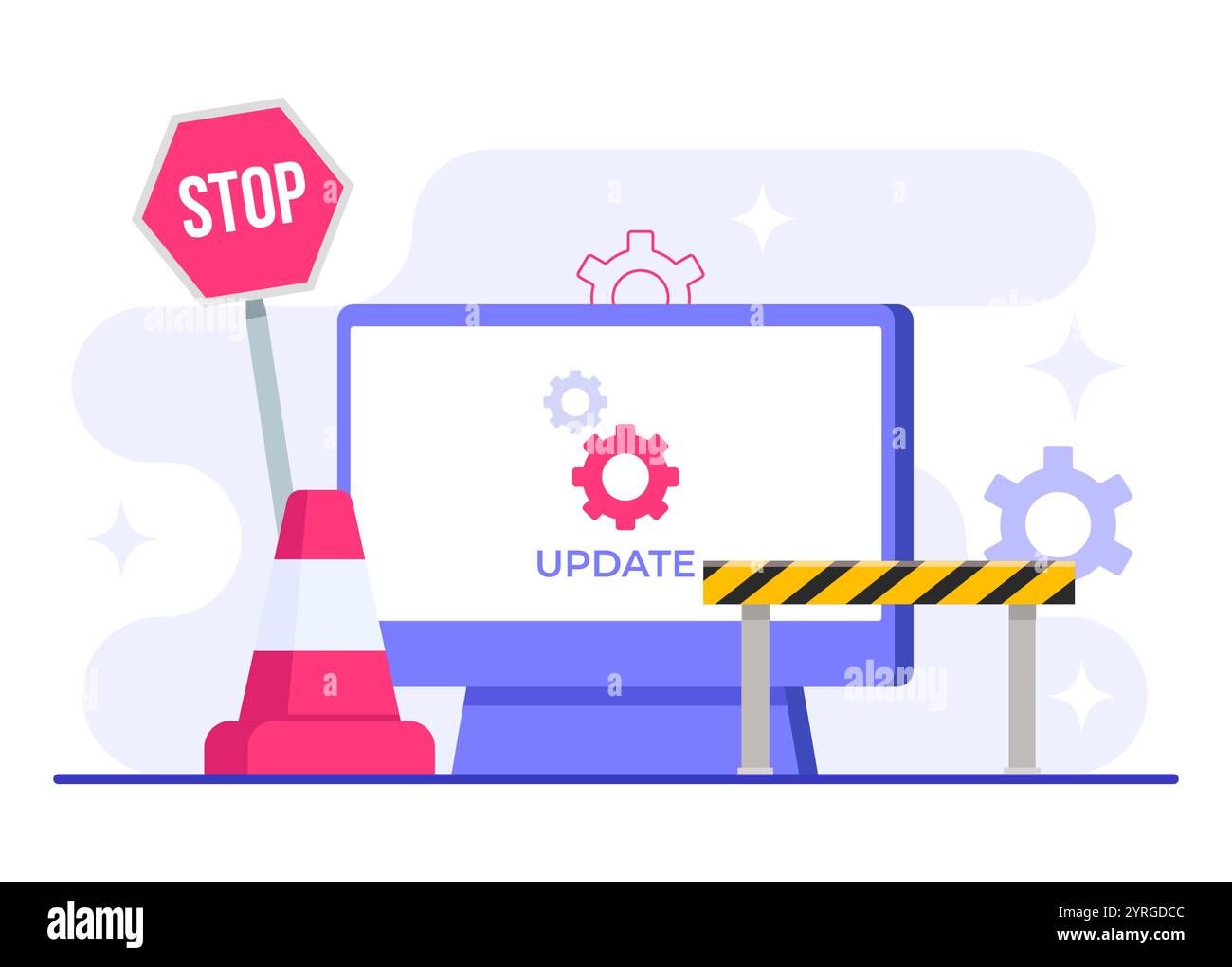 Computer mit Software-Update-Bildschirm, flache Vektorgrafik, Systemwartung, Aktualisierungsprozess, Software installieren, Betriebssystem Stock Vektor