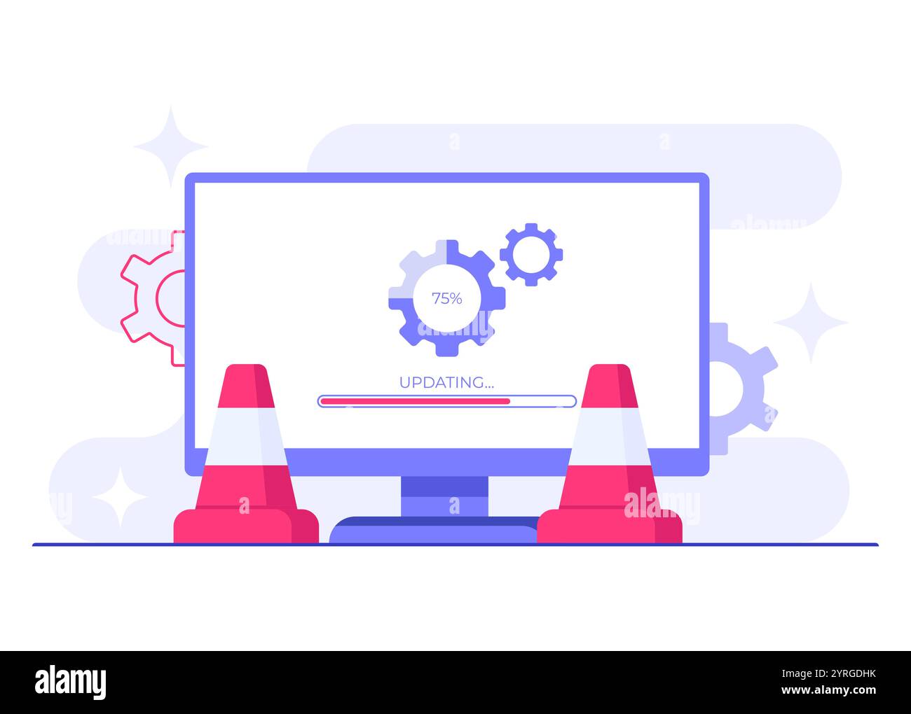 Computer mit Software-Update-Bildschirm, flache Vektorgrafik, Systemwartung, Aktualisierungsprozess, Software installieren, Betriebssystem Stock Vektor