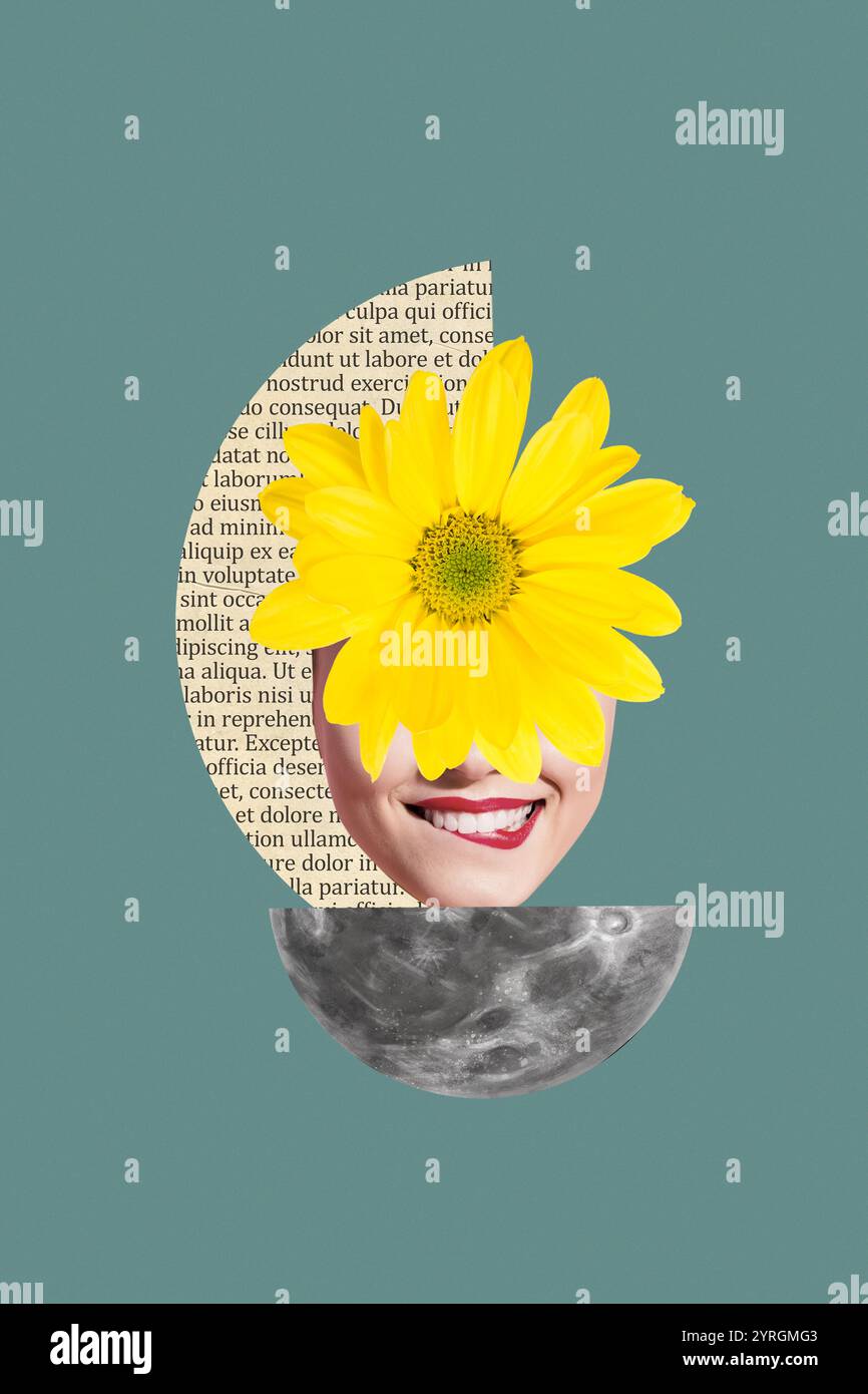 Trendvorlage Skizzendesign 3D Fotocollage von Porträt Lippen Lächeln Gänseblümchen Blume Frühling Urlaub Natur Lehrbuchseite Mond Nacht Fragment Stockfoto