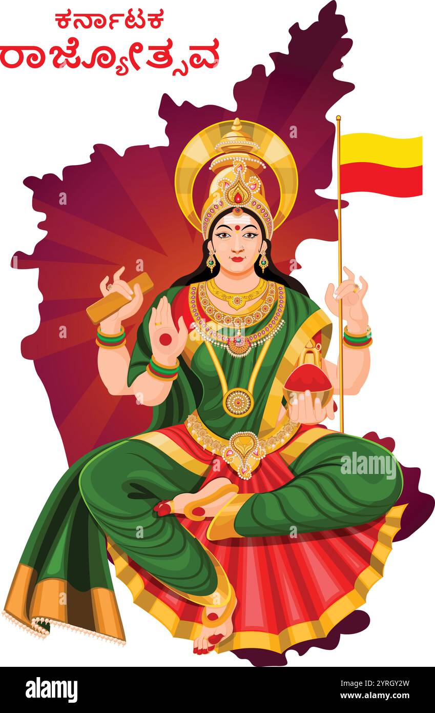 Karnataka Rajyotsava, Bhuvaneshwari, Mutter von Kannada, Tag der Staatsbildung in karnataka, Göttin Bhuvaneshwari auf karnataka Karte, Stock Vektor