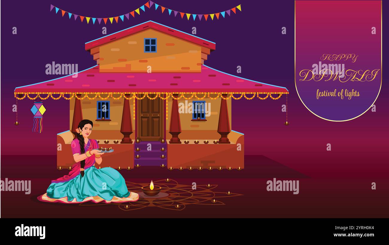 Happy Diwali Traditional Indian House dekoriert mit Diya Stock Vektor