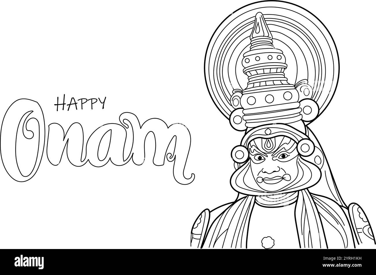 Kathakali Tänzer, Kerala Festival Happy Onam mit kathakali Gesicht, handgezeichnet in dünner Linie Stil Stock Vektor