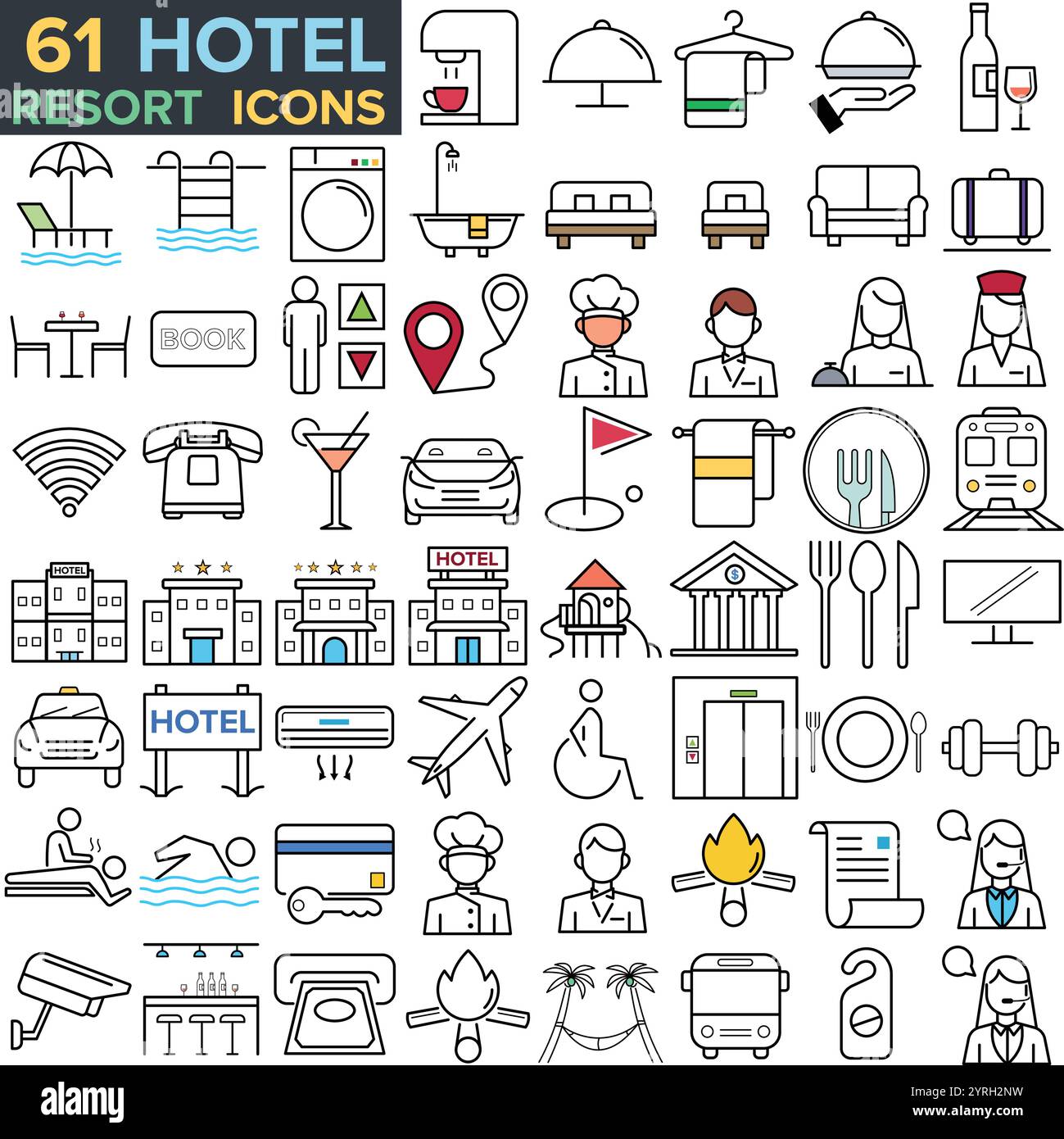 Hotel- und Resort-Icons, Reise- und Tourismus-Set von Web-Ikonen im Linienstil. Reise- und Urlaubssymbole für Web- und mobile App Stock Vektor
