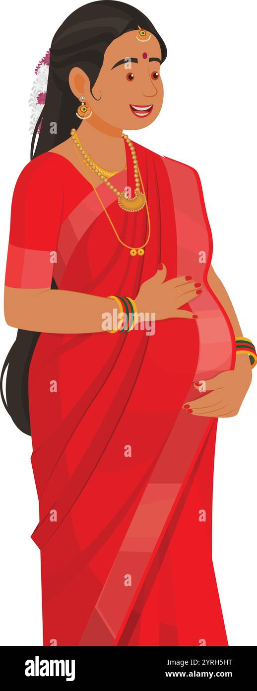 Indische Schwangere, Konzept für Schwangerschaft. Indische Frau in traditionellem Saree. Stock Vektor