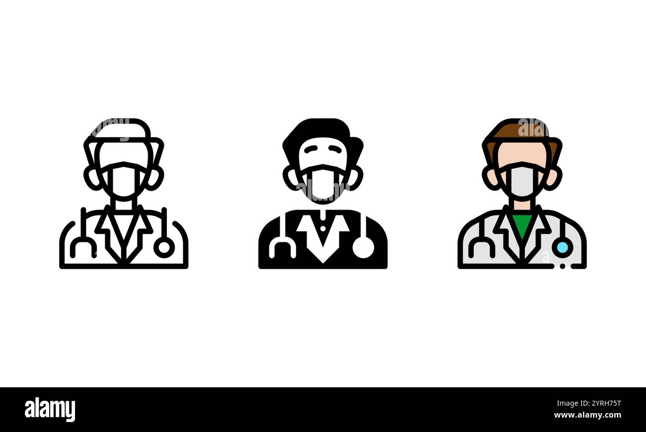 Doktor-Symbol in einem anderen Stil. Vektorsymbol, dargestellt durch einen Mann, der einen Anzug und ein Stethoskop trägt. Ideal für Gesundheitsthemen. Stock Vektor