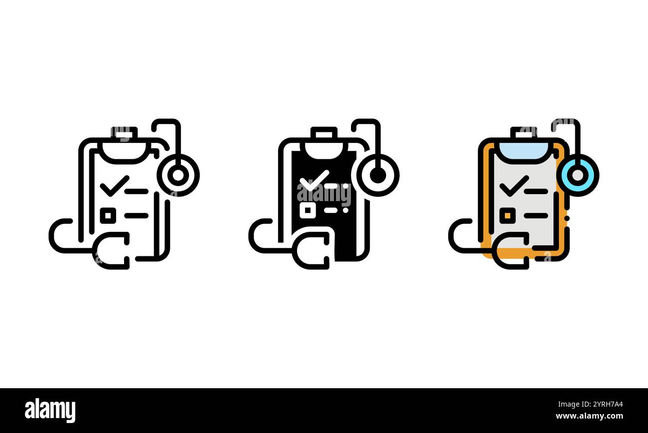Symbol für Gesundheitsdatensätze in einem anderen Stil. Dargestellt durch eine Zwischenablage und ein Stethoskop. Dieses Vektorsymbol ist ideal für Designs, Benutzeroberflächen und andere Stock Vektor