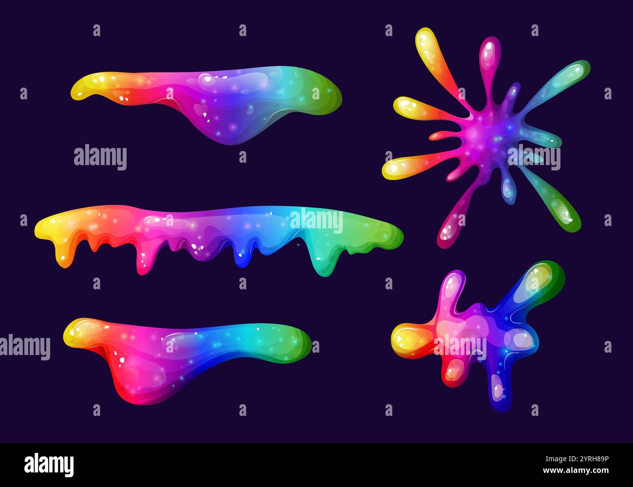Tropfender Regenbogenschleim mit leuchtenden Farben. Rainbow Splash Kollektion auf transparentem Hintergrund. Ideal, um verspielt und giftig zu sein Stock Vektor
