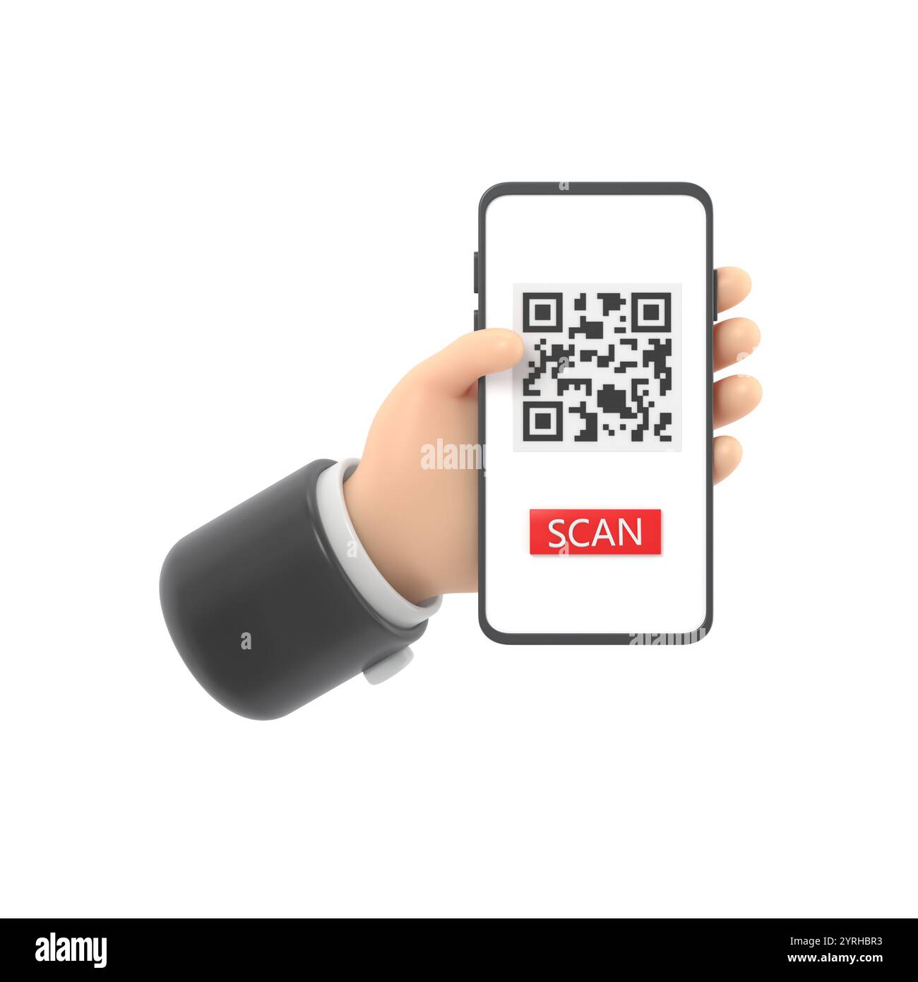 3D-Cartoon-Rendering weibliche Hand hält das Smartphone und nutzt den mobilen App-Service mit Scan QR-Code-Banner-Design. Technologie und Geschäftskonzept.3D-Renderin Stockfoto