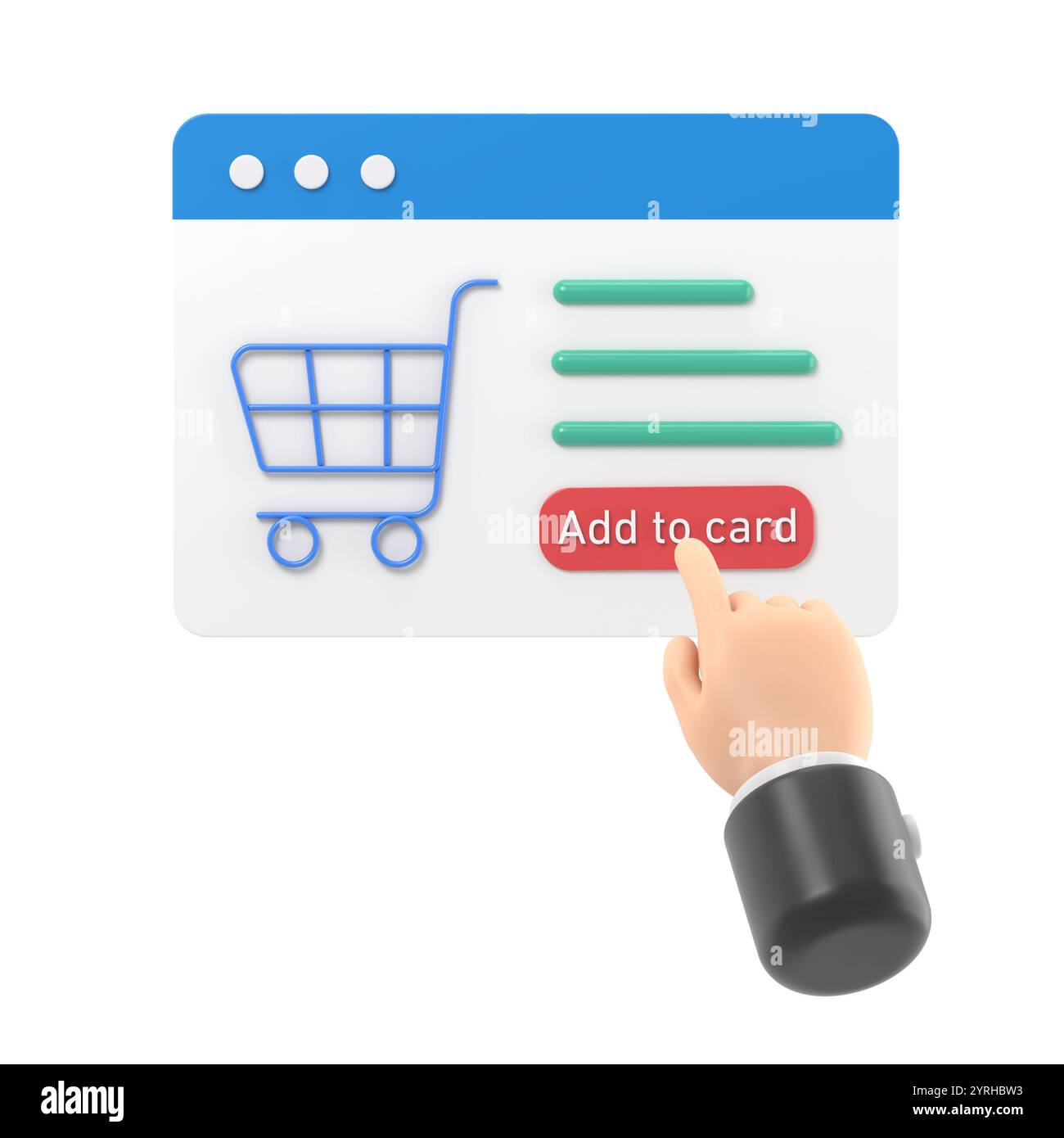 3D-Render Online-Einkaufstasche für Produkt-Add-to-Card im Webbrowser. 3D-Online-Shopping-Symbol mit kommerziellem Markt. 3D-Symbol und -Shop kaufen Sie den Warenkorb Stockfoto