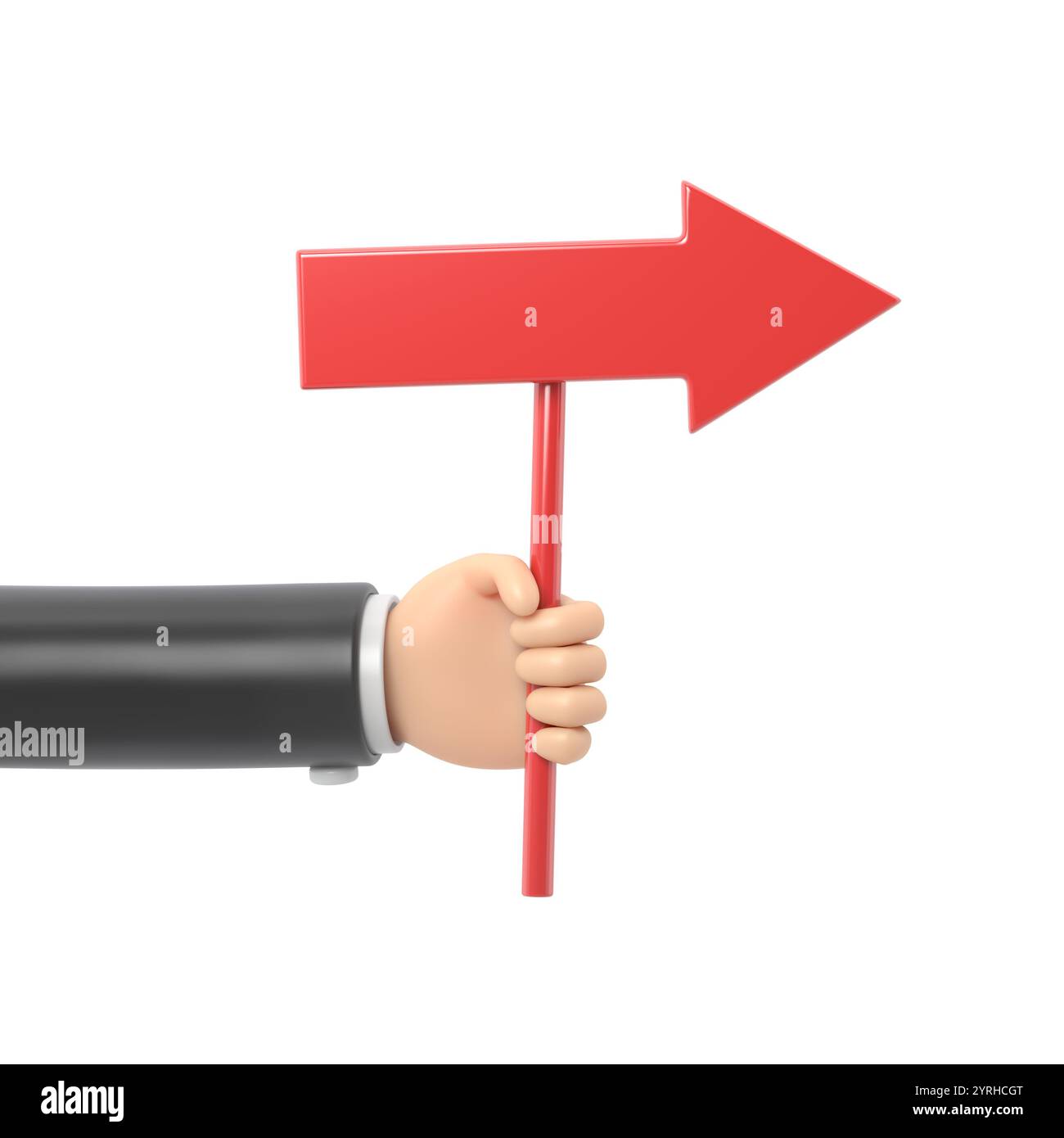 Mockup Des Symbols Für Zeichentrickgesten. Zeigerpfeil in einer Cartoon Hand auf. Disney Cartoon.3D-Rendering auf weißem Hintergrund. Stockfoto