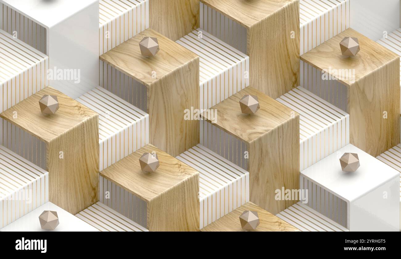 Eine 3D-Illustration, die ein geometrisches Muster von Kastentreppen mit Holz und weißen Texturen zeigt, die ideal für die Tapetengestaltung sind Stockfoto