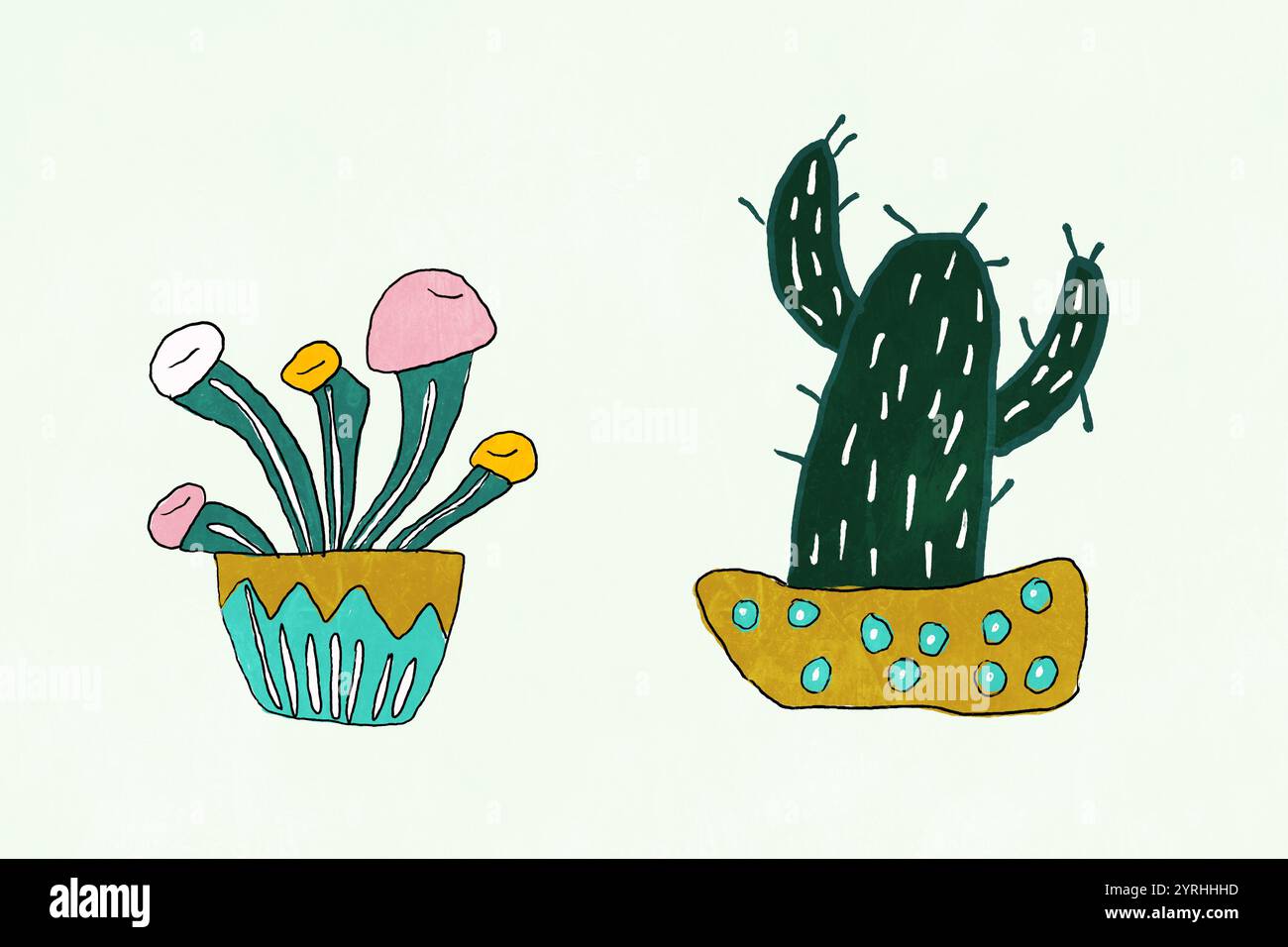 Dieses Bild zeigt stilisierte Illustrationen eines dunkelgrünen Kaktus und bunter Pilze, jeweils in dekorativen Töpfen vor einem weichen, hellen Hintergrund Stockfoto