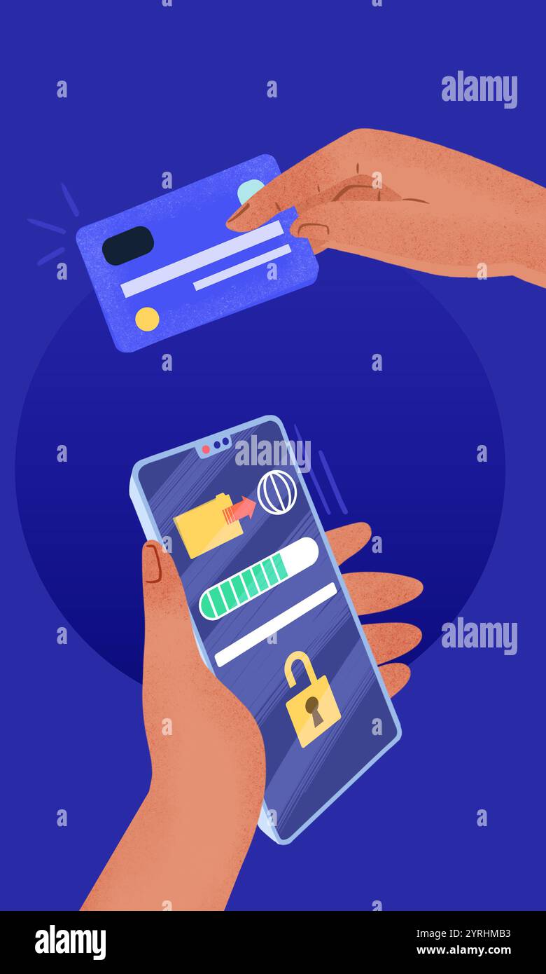 Farbenfrohe Abbildung einer Hand, die ein Smartphone mit einem digitalen Fortschrittsbalken hält, und einer anderen Hand, die eine Kreditkarte hält, stellt Online-Shopping und dar Stockfoto
