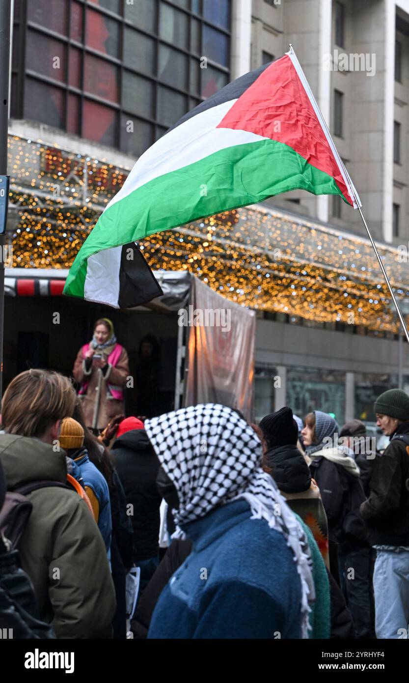 Berlin, Deutschland. Dezember 2024. Demonstration einer Allianz gegen die Haltung der Universitäten zum Gaza-Krieg. Die Studentenkoalition Berlin kritisierte vor allem die „systematische Zerstörung von Bildungseinrichtungen und der Gesundheitsinfrastruktur im Gazastreifen durch das israelische Militär“. Quelle: Jens Kalaene/dpa/Alamy Live News Stockfoto
