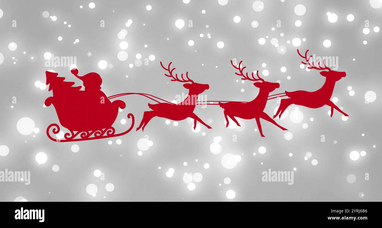 Bild des weihnachtsmanns im Schlitten über weißen Flecken Stockfoto