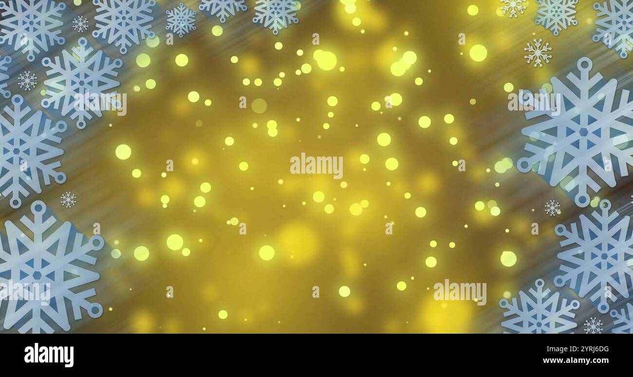 Bild des Schnees, der über gelbe Flecken fällt Stockfoto