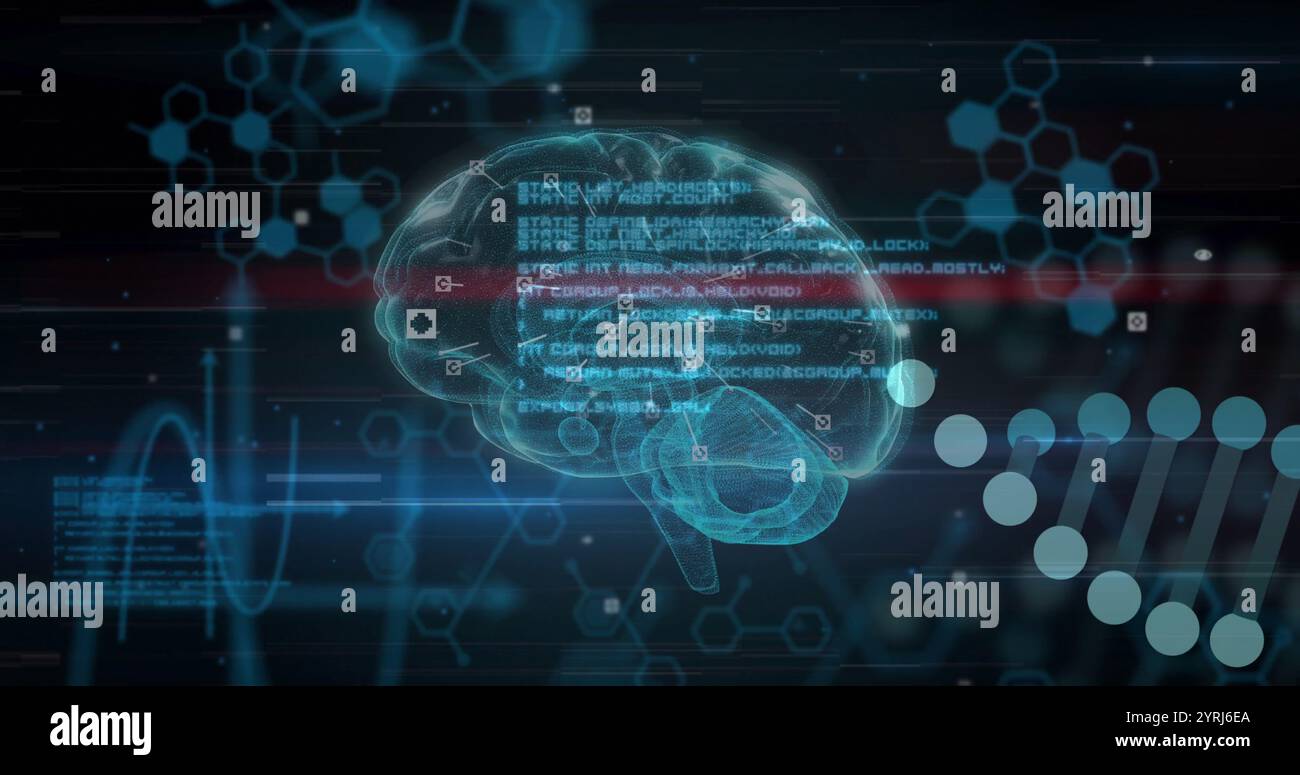 Bild des dna-Strangs über Datenverarbeitung und Gehirn Stockfoto