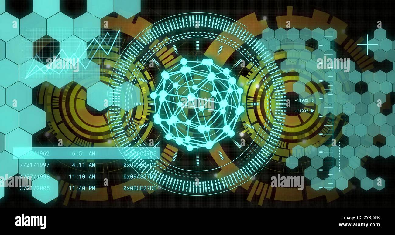 Digitales Netzwerk- und Datenverarbeitungsbild über abstraktem geometrischem Hintergrund Stockfoto