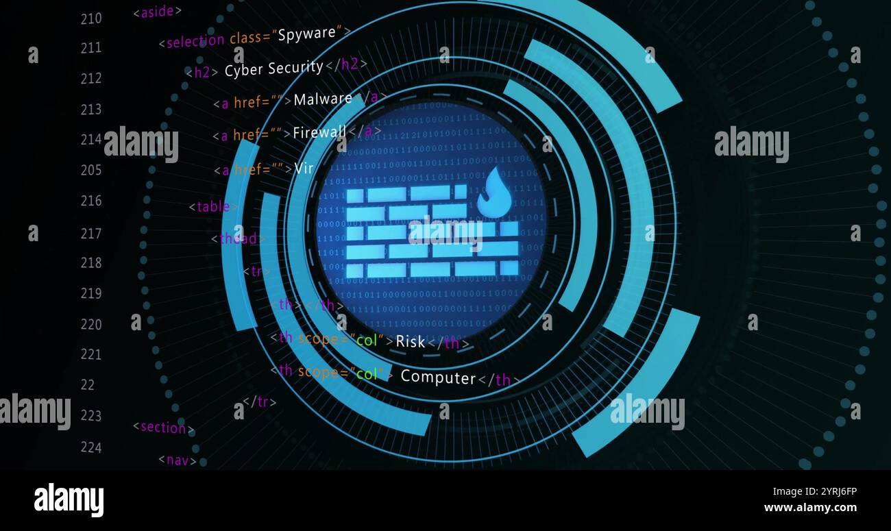 Firewall und Cybersicherheits-Image über Binärcode und digitale Schnittstelle Stockfoto