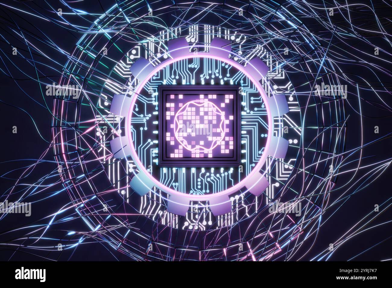 Viele Drähte und Kabel sind mit einer High-Tech-Zentraleinheit mit Neonlicht verbunden. CPU-, GPU-, NPU- und KI-Chips Stockfoto