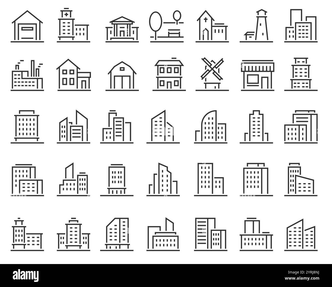 Symbole für Gebäudelinien. Architektur städtische Gebäude Wohn-, Gewerbe-, Industrie- und öffentliche Häuser. Wolkenkratzer Haus, Stadthaus. Krankenhaus, Kirche Stock Vektor