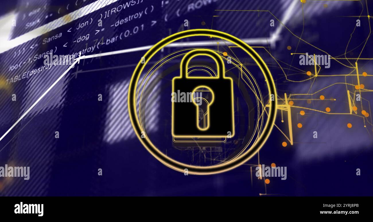 Symbol und Sicherheitscode über abstraktem digitalen Hintergrund sperren Stockfoto