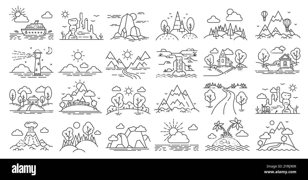 Lineare Landschaften mit Bergen, Wäldern und Flüssen, Bäumen und Häusern, Heißluftballon und Wüste. Kreuzfahrtschiff, Leuchtturm und Vulkane. Ideal für Stock Vektor