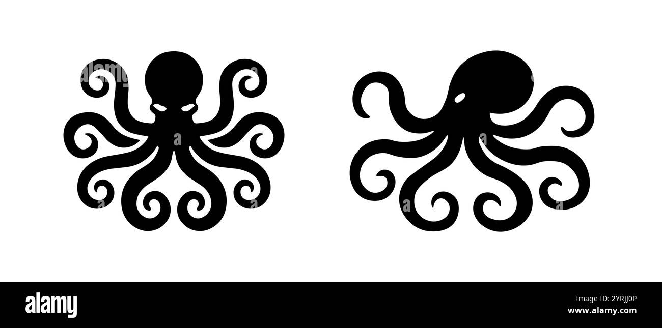 Silhouette Kraken-Meerestier-gelockte Tentakel. Schwarzer, minimalistischer Meereskrake. Stock Vektor