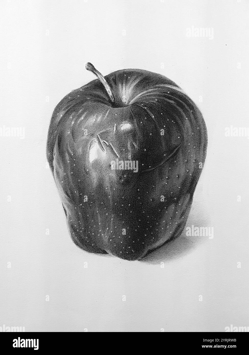 Eine atemberaubende hyperrealistische Bleistiftzeichnung eines Apfels auf weißem Papier. Dieses Kunstwerk bietet unglaubliche Details mit lebensechten Texturen und Highlights. Stockfoto