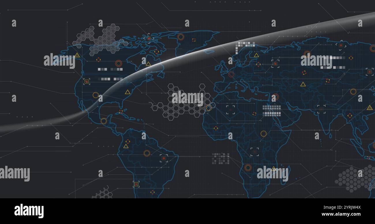 Globale Netzwerkverbindungen und Datenverarbeitungsbild über Weltkarte Stockfoto