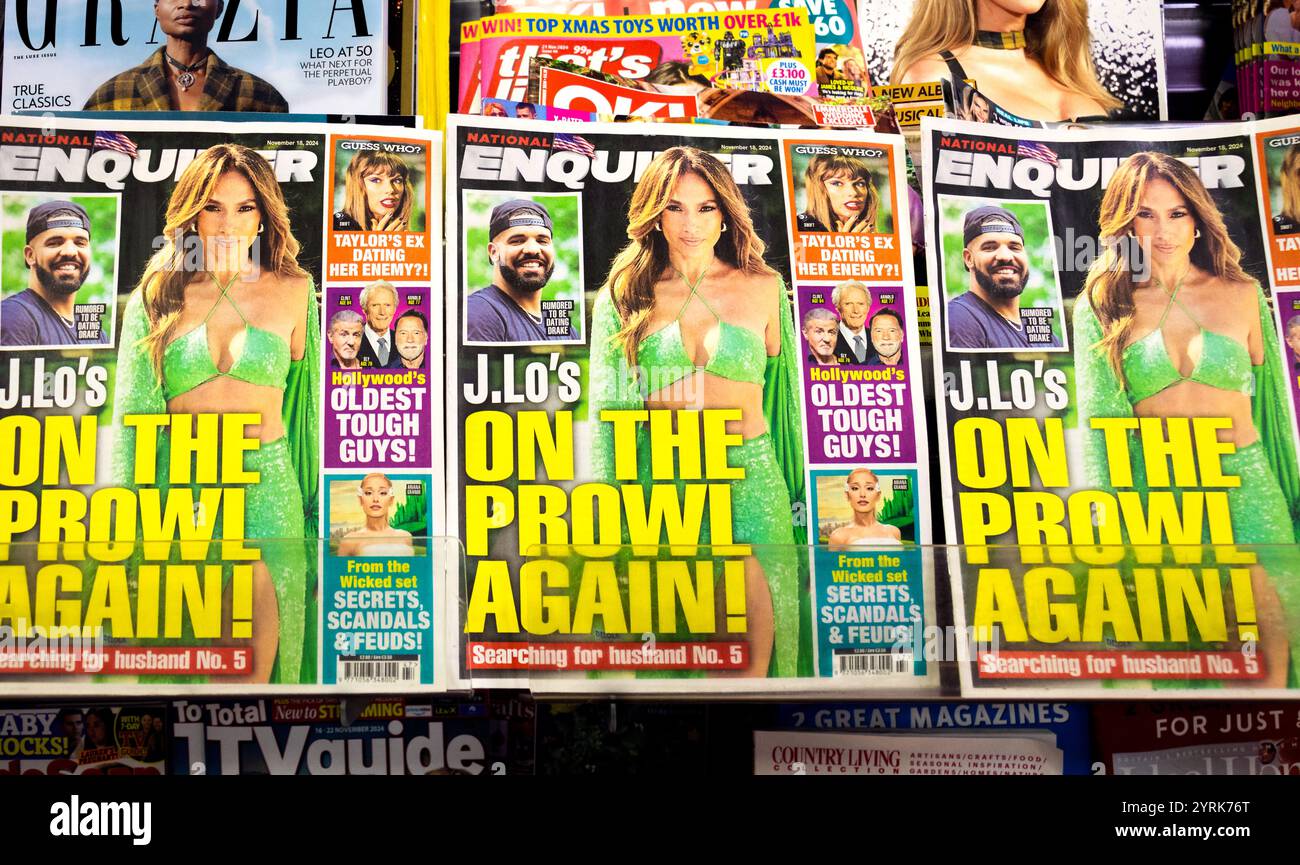 Jennifer Lopez - J Lo erscheint auf dem Cover des National Enquirer Magazins zusammen mit anderen Hollywood-Prominenten Drake Aubrey Graham und Taylor Swift. Stockfoto