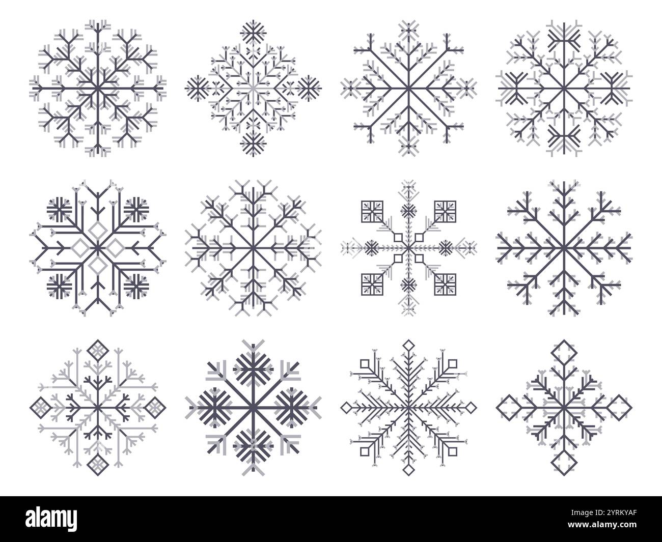 Schneeflocken-Symbol. Schwarze Silhouetten von Schneeflocken auf weißem Hintergrund. Winter Hintergrund mit geometrischen Schneeflocken in verschiedenen Formen Design für Stock Vektor