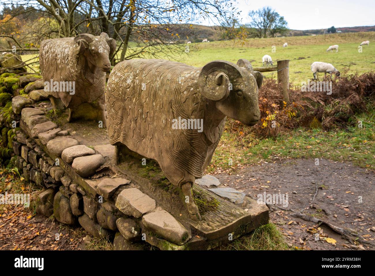 UK, County Durham, Teesdale, Bowlees, Low Force, Keith Alexanders Schafskulptur „A wonderful Place to be a Walker“ von 2002 Stockfoto