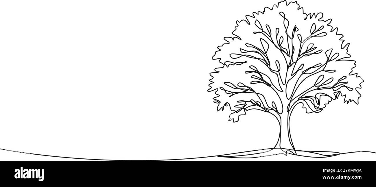Durchgehende Einzeilenzeichnung eines breitblättrigen Baumes, Strichgrafik-Vektorillustration Stock Vektor