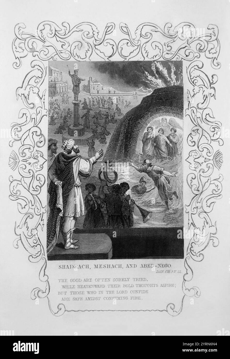 Drei Hebräer Mesach, Schadrach und Abed-nego im feurigen Ofen, nachdem sie sich weigerten, sich zu verbeugen und das goldene Götzenbild des Königs, König Nebukadnezar c, anzubeten Stockfoto Drei Hebräer Mesach, Schadrach und Abed-nego im feurigen Ofen, nachdem sie sich weigerten, sich zu verbeugen und das goldene Götzenbild des Königs, König Nebukadnezar c, anzubeten Stockfoto
