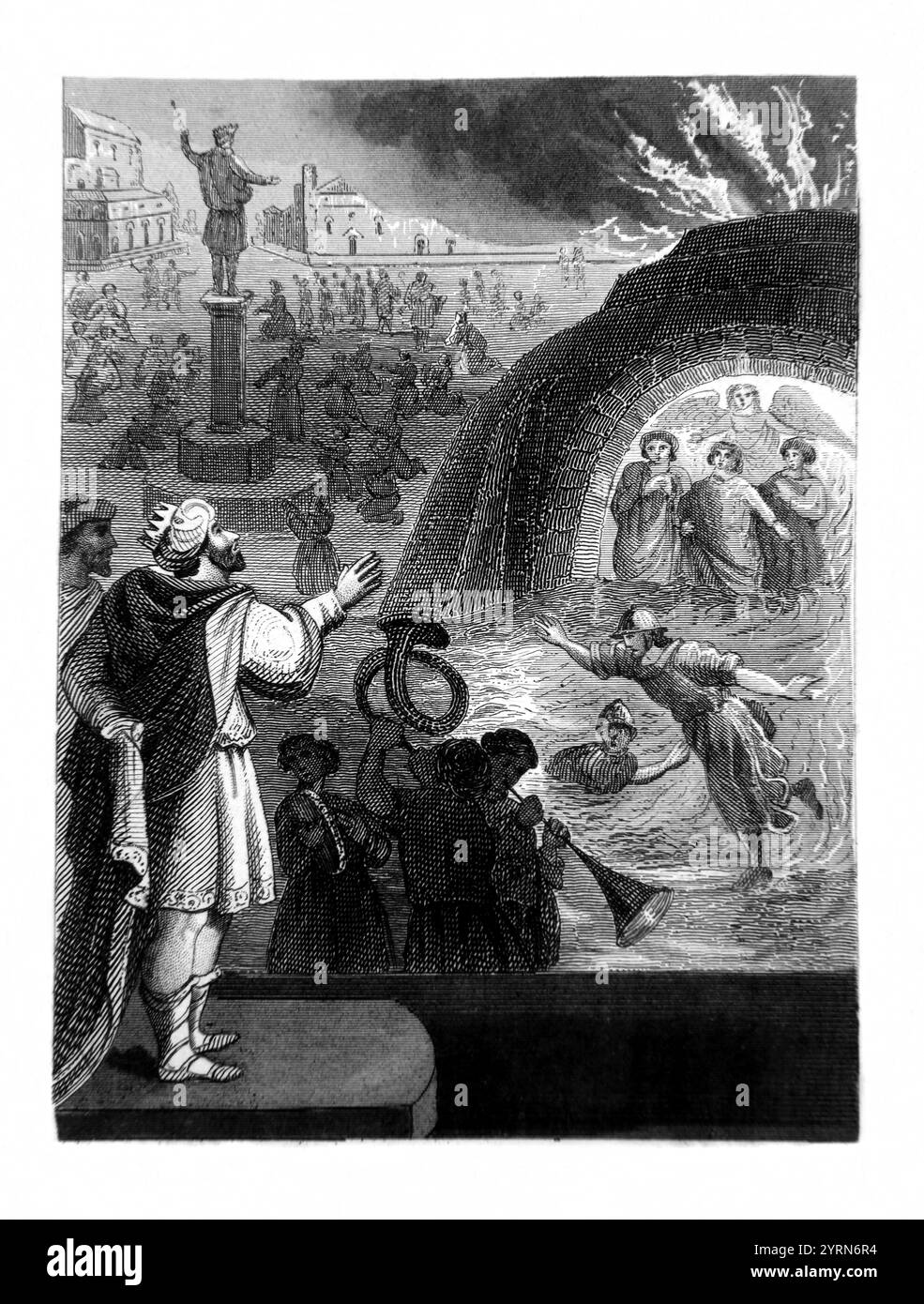Drei Hebräer Mesach, Schadrach und Abed-nego im feurigen Ofen, nachdem sie sich weigerten, sich zu verbeugen und das goldene Götzenbild des Königs, König Nebukadnezar c, anzubeten Stockfoto Drei Hebräer Mesach, Schadrach und Abed-nego im feurigen Ofen, nachdem sie sich weigerten, sich zu verbeugen und das goldene Götzenbild des Königs, König Nebukadnezar c, anzubeten Stockfoto