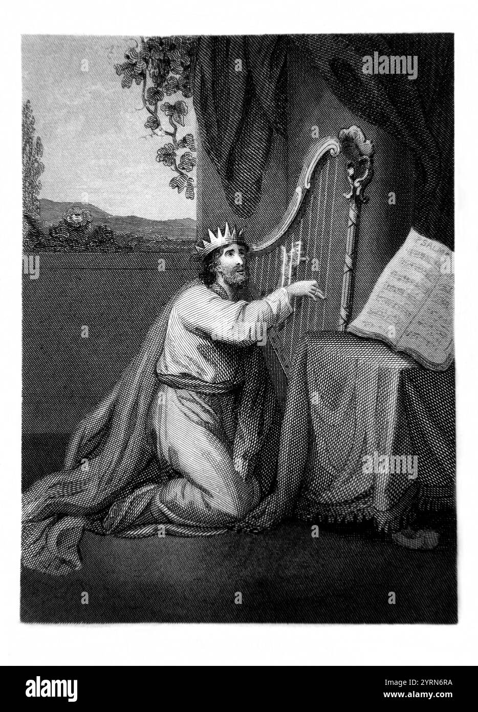 Stahlgravur von König David Rejoicing (Psalmen) David Sing to the Lord and Play the Harfe from the Tallis Illustrated Scripture History for the Improvement for the Youth (1851) Stockfoto