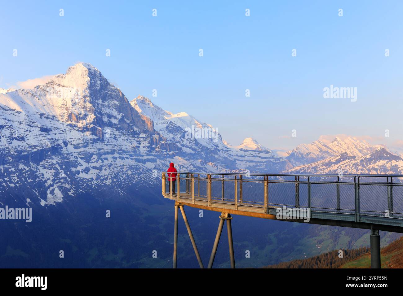 Ein Besucher in roter Jacke steht auf der Aussichtsplattform Cliff Walk am ersten, Gwindelwald in den Morgenstunden gegen die Schneeberge Stockfoto