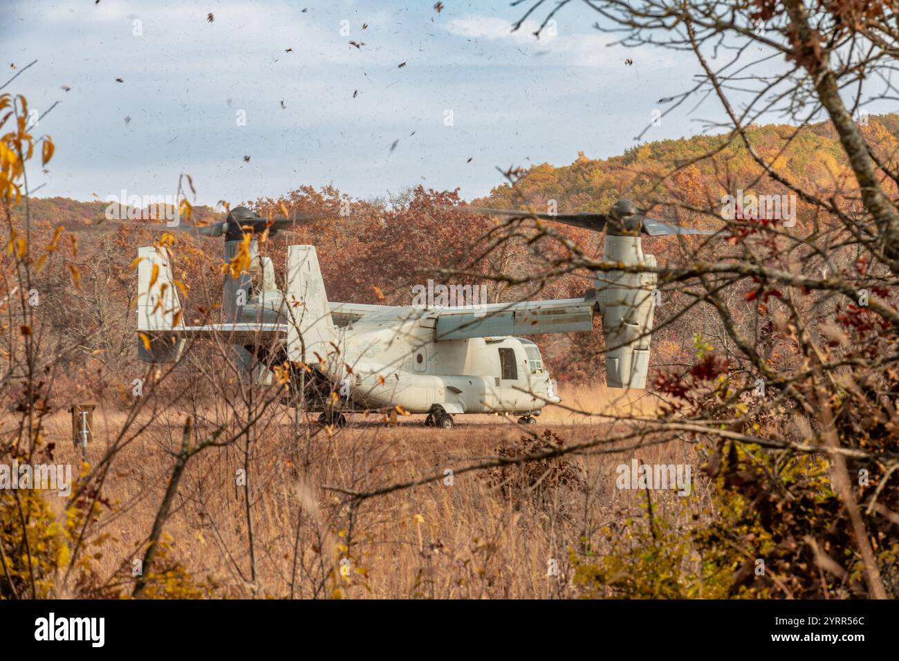 V-22 Ospreys üben Starts und Landungen am Young Air Assault Strip in Fort McCoy am 17. Und 22. Oktober 2024. Die Marine Corps Aircraft ist mit der Marine Medium Tiltrotor Squadron 161 der Marine Corps Air Sation Miramar, San Diego, Kalifornien. Die Bell Boeing V-22 Osprey ist ein US-amerikanisches Mehrzweckflugzeug für militärische Transport- und Frachtflugzeuge mit Tiltrotor und vertikalem Start- und Landebetrieb (VTOL) sowie Short Take off and Landing (STOL). Er wurde entwickelt, um die Funktionalität eines konventionellen Hubschraubers mit der Langstreckenfluggeschwindigkeit eines Turboprop-Flugzeugs zu kombinieren Stockfoto