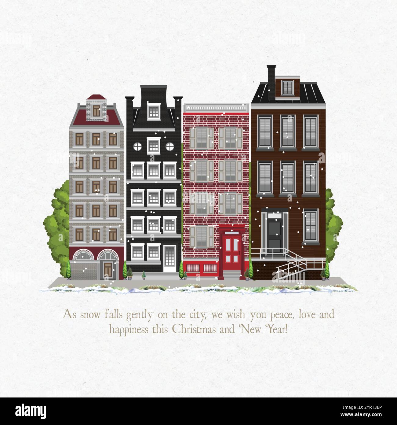 Feiertage in der Stadt mit verschneiten Gebäuden und Winterdesign Stock Vektor