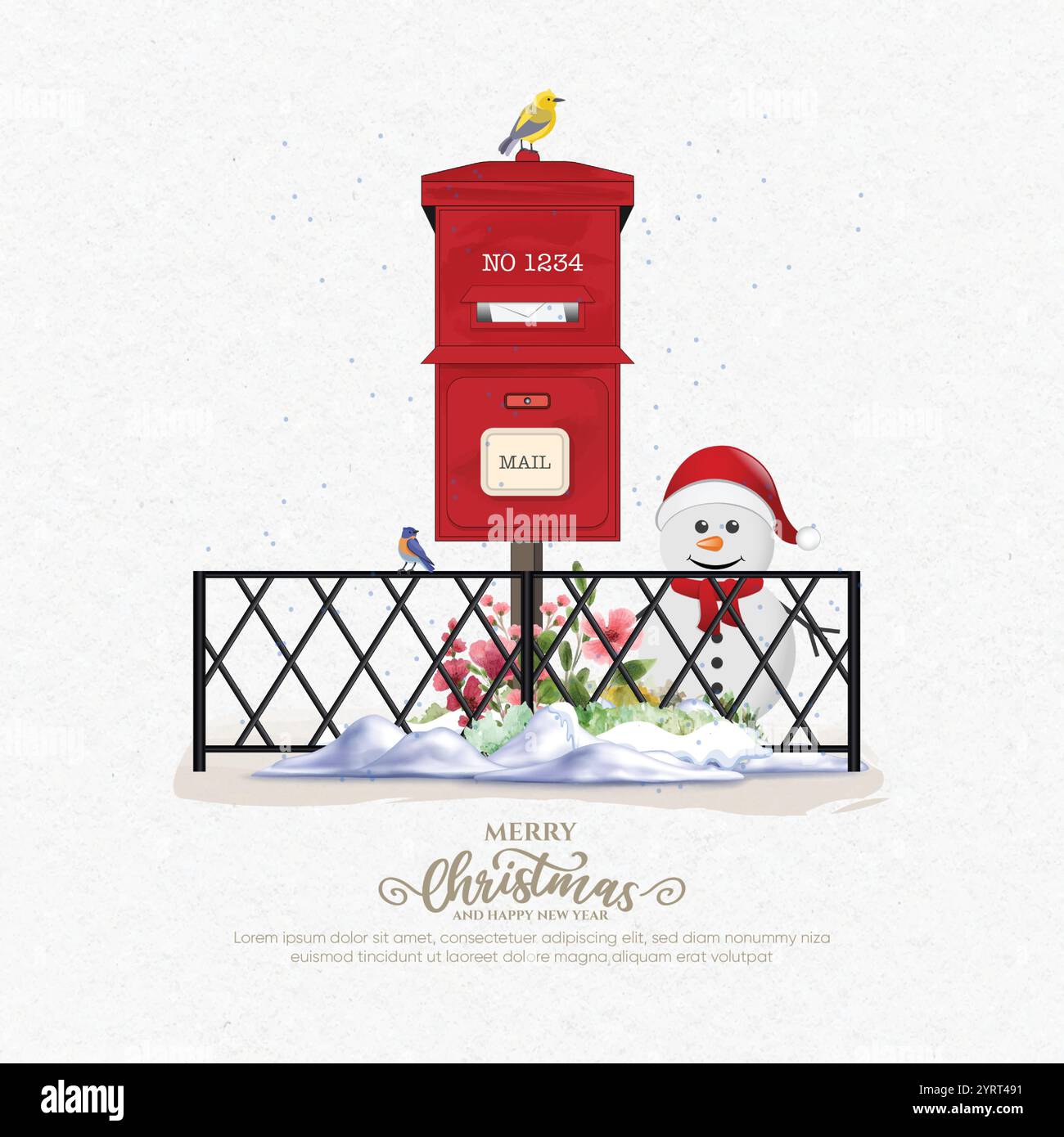 Weihnachts-Mailbox-Szene mit Snowman und Vögeln. Illustration Festlicher Feiertage Stock Vektor